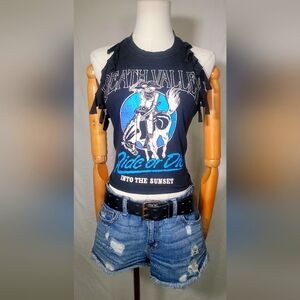 Upcycled Death Valley Ride or Die Cowgirl Skeleton Black Fringe Halter, Size M
